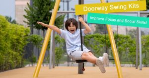 Photo of a happy boy using a doorway swing